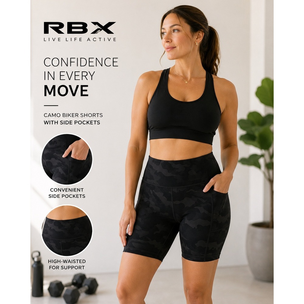 RBX Camo Biker Shorts Women's Medium Black Performance Athletic‎ Workout